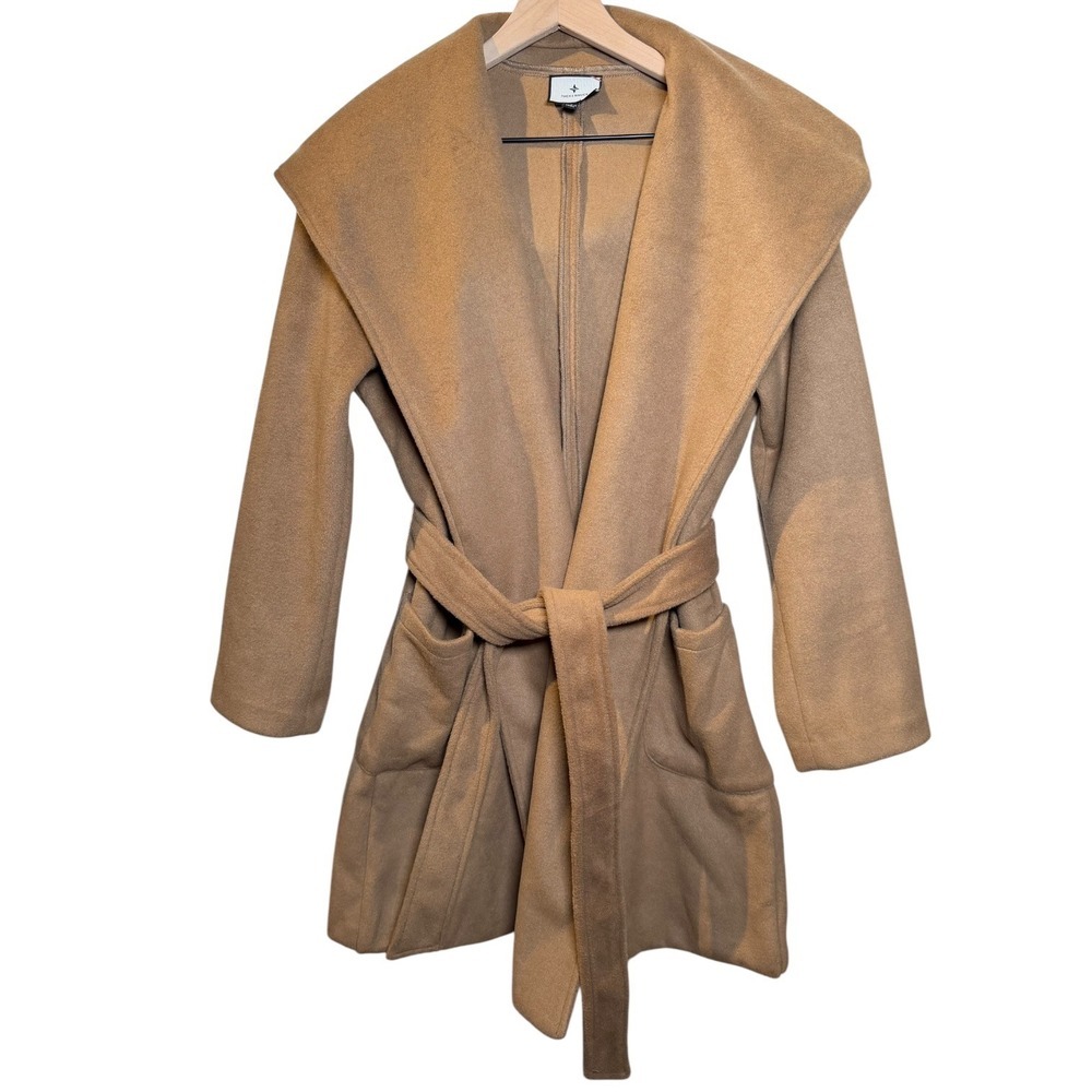 Tuckernuck Camel Wrap Coat Small Belted Hooded Open Front Pocket Jacket Chic - Picture 2 of 11